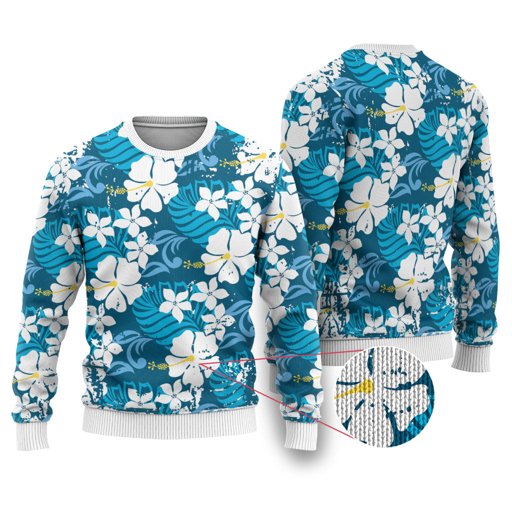 Blue Hawaiian Hibiscus Monstera Ugly Christmas Sweater Grunge Stylized