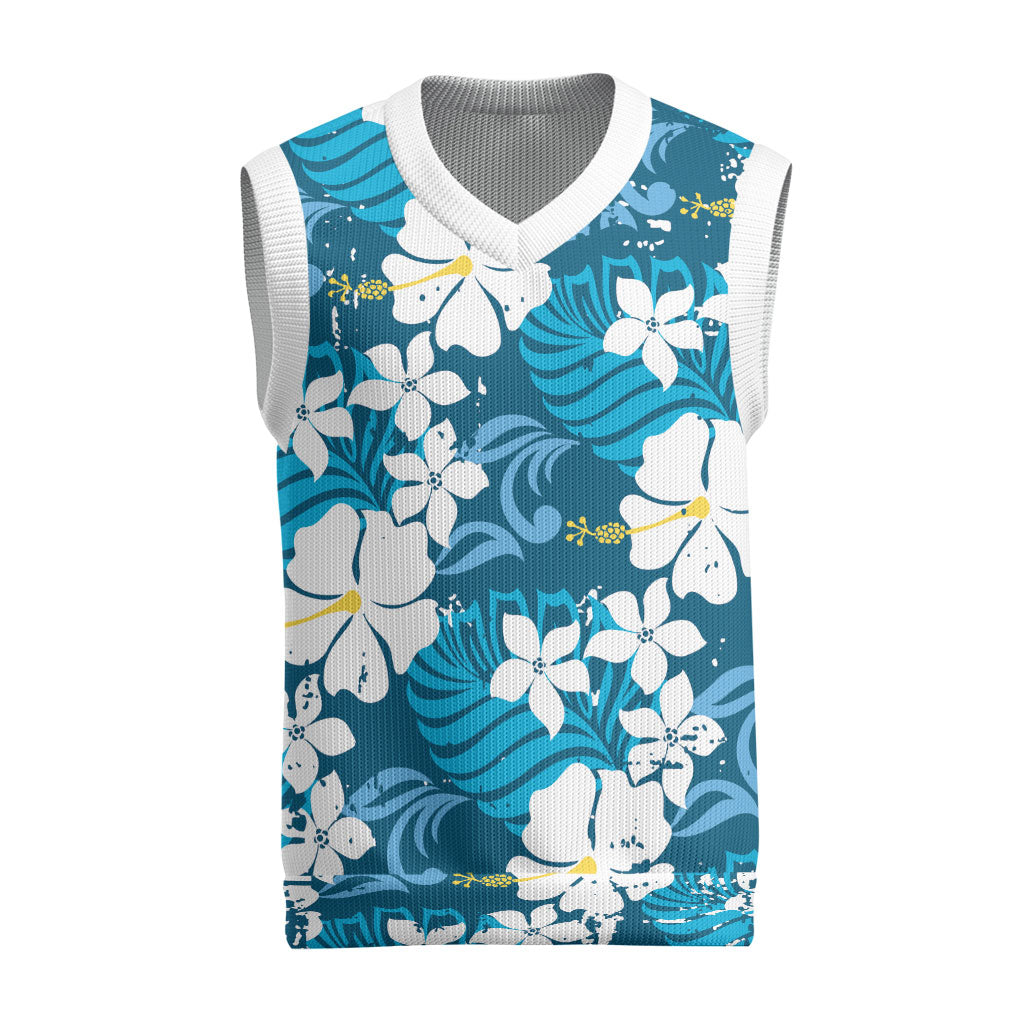 Blue Hawaiian Hibiscus Monstera Christmas Knitted V-Neck Vest Grunge Stylized LT01 Blue - Polynesian Pride