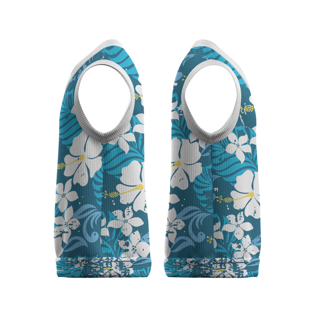 Blue Hawaiian Hibiscus Monstera Christmas Knitted V-Neck Vest Grunge Stylized LT01 - Polynesian Pride