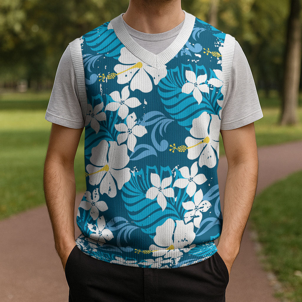 Blue Hawaiian Hibiscus Monstera Christmas Knitted V-Neck Vest Grunge Stylized LT01 - Polynesian Pride