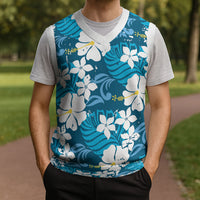 Blue Hawaiian Hibiscus Monstera Christmas Knitted V-Neck Vest Grunge Stylized LT01 - Polynesian Pride