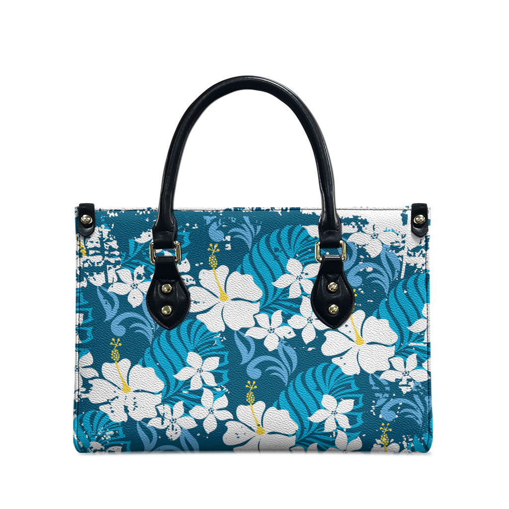 Blue Hawaiian Hibiscus Monstera Leather Bag Grunge Stylized