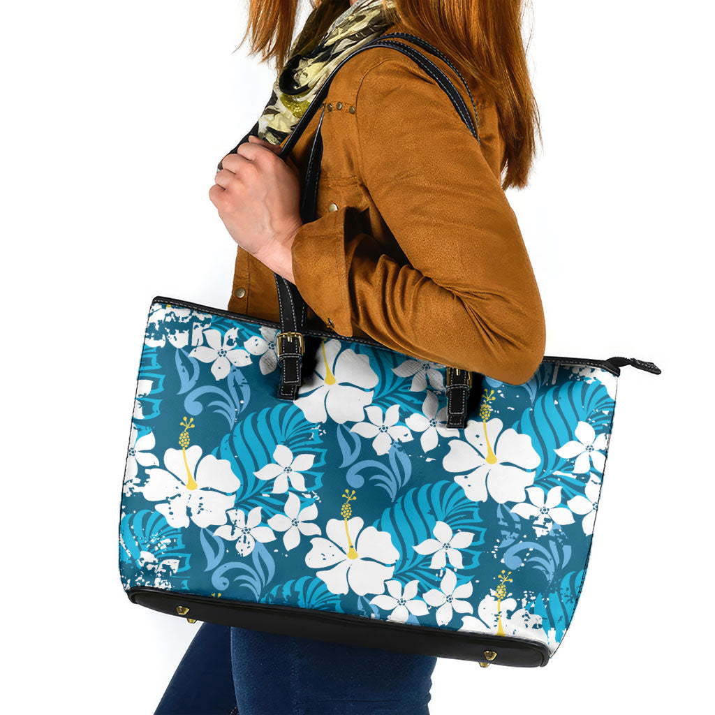 Blue Hawaiian Hibiscus Monstera Leather Tote Bag Grunge Stylized LT01 Blue - Polynesian Pride
