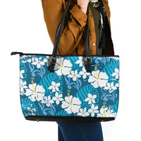 Blue Hawaiian Hibiscus Monstera Leather Tote Bag Grunge Stylized LT01 - Polynesian Pride
