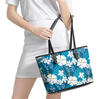 Blue Hawaiian Hibiscus Monstera Leather Tote Bag Grunge Stylized LT01 - Polynesian Pride