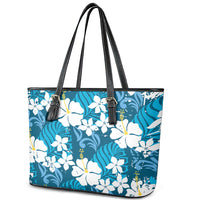 Blue Hawaiian Hibiscus Monstera Leather Tote Bag Grunge Stylized LT01 - Polynesian Pride
