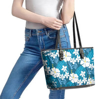 Blue Hawaiian Hibiscus Monstera Leather Tote Bag Grunge Stylized LT01 - Polynesian Pride