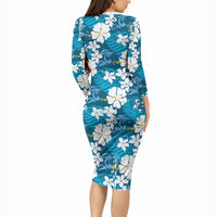 Blue Hawaiian Hibiscus Monstera Long Sleeve Bodycon Dress Grunge Stylized