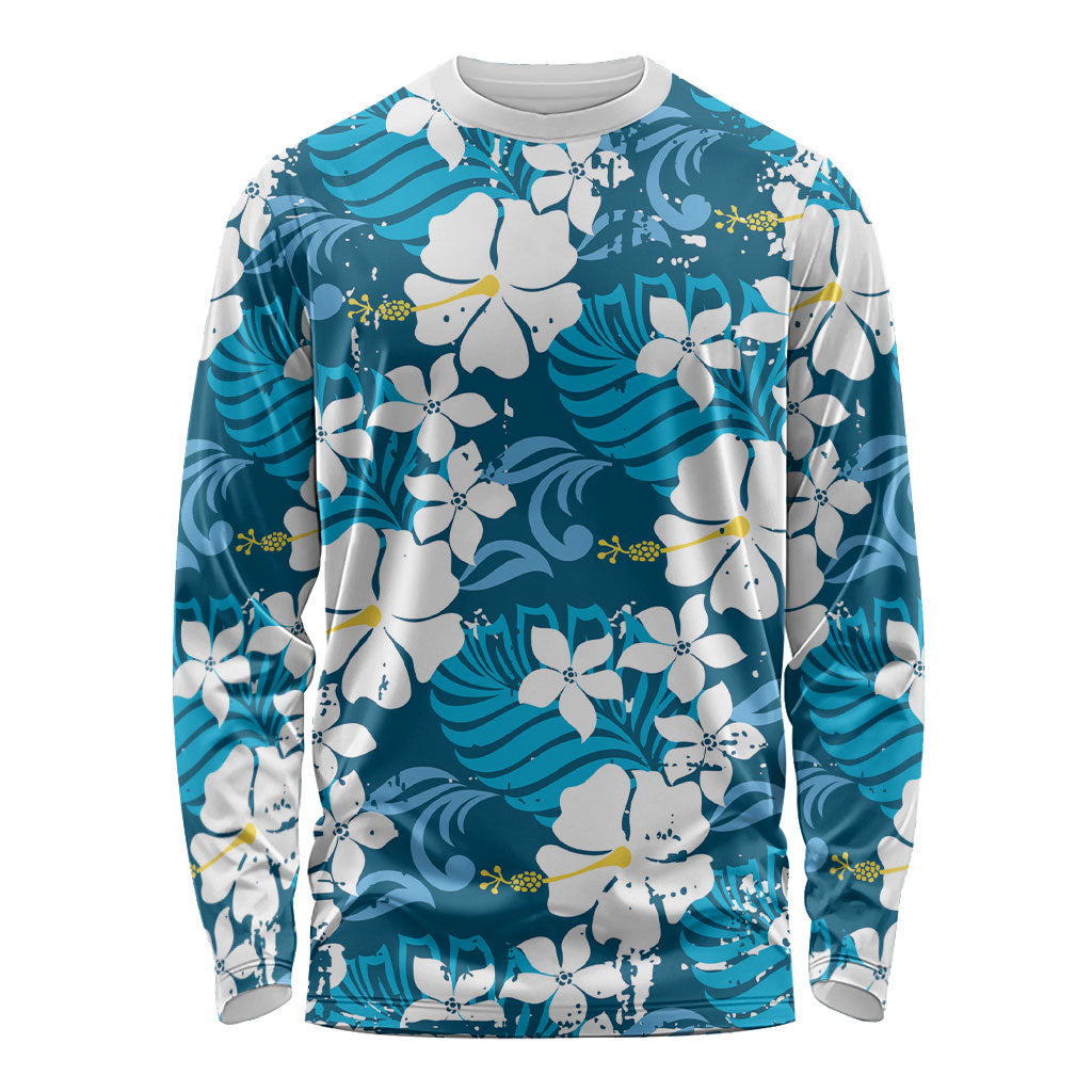 Blue Hawaiian Hibiscus Monstera Long Sleeve Shirt Grunge Stylized