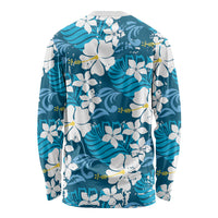 Blue Hawaiian Hibiscus Monstera Long Sleeve Shirt Grunge Stylized