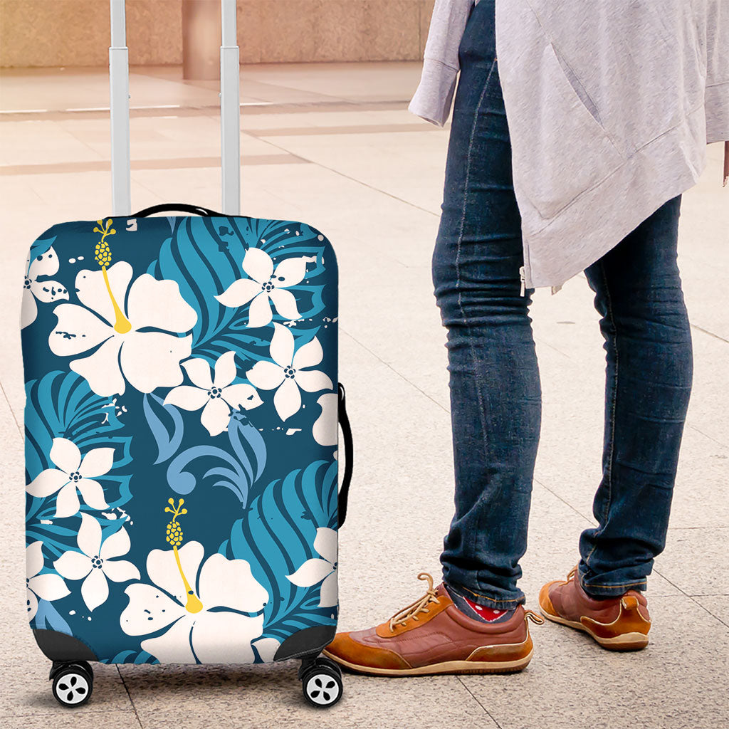Blue Hawaiian Hibiscus Monstera Luggage Cover Grunge Stylized