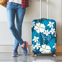 Blue Hawaiian Hibiscus Monstera Luggage Cover Grunge Stylized