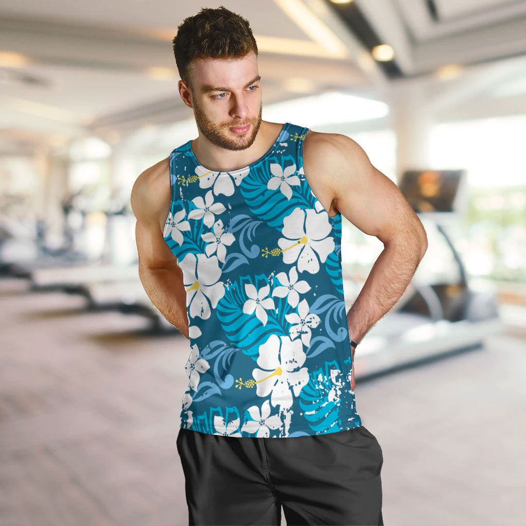 Blue Hawaiian Hibiscus Monstera Men Tank Top Grunge Stylized