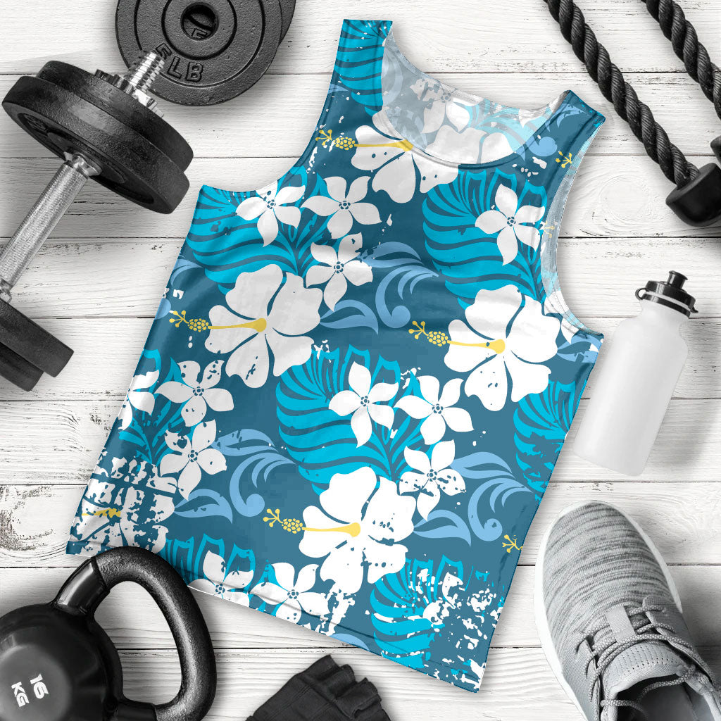 Blue Hawaiian Hibiscus Monstera Men Tank Top Grunge Stylized