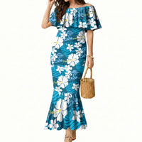 Blue Hawaiian Hibiscus Monstera Mermaid Dress Grunge Stylized