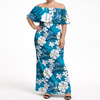 Blue Hawaiian Hibiscus Monstera Off Shoulder Maxi Dress Grunge Stylized