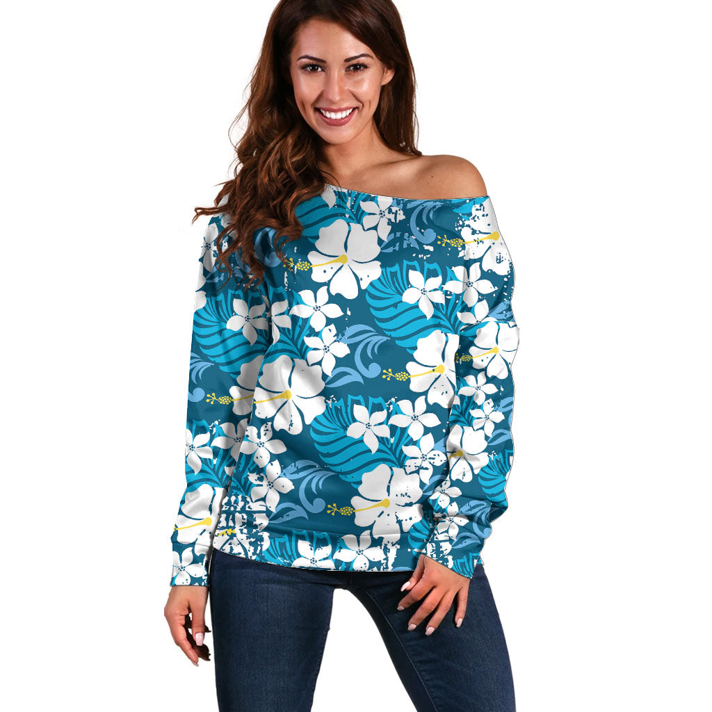 Blue Hawaiian Hibiscus Monstera Off Shoulder Sweater Grunge Stylized