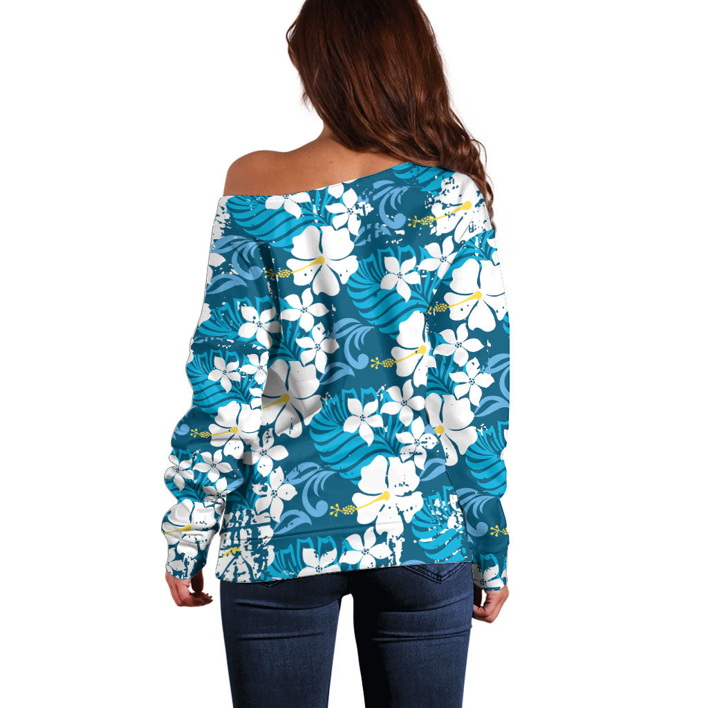 Blue Hawaiian Hibiscus Monstera Off Shoulder Sweater Grunge Stylized
