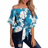 Blue Hawaiian Hibiscus Monstera Off Shoulder Wrap Waist Top Grunge Stylized LT01 Blue - Polynesian Pride