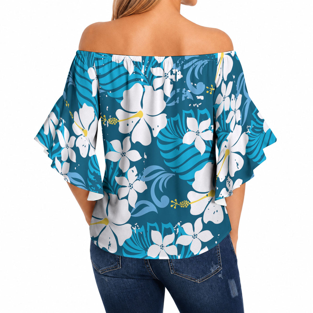 Blue Hawaiian Hibiscus Monstera Off Shoulder Wrap Waist Top Grunge Stylized LT01 - Polynesian Pride