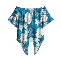 Blue Hawaiian Hibiscus Monstera Off Shoulder Wrap Waist Top Grunge Stylized LT01 - Polynesian Pride