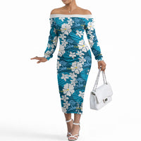 Blue Hawaiian Hibiscus Monstera Off The Shoulder Long Sleeve Dress Grunge Stylized