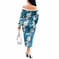 Blue Hawaiian Hibiscus Monstera Off The Shoulder Long Sleeve Dress Grunge Stylized