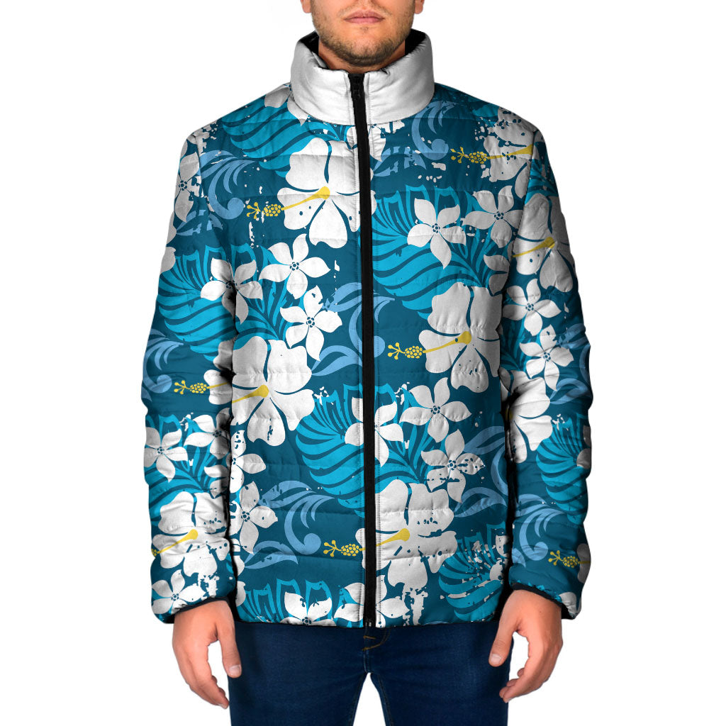 Blue Hawaiian Hibiscus Monstera Padded Jacket Grunge Stylized