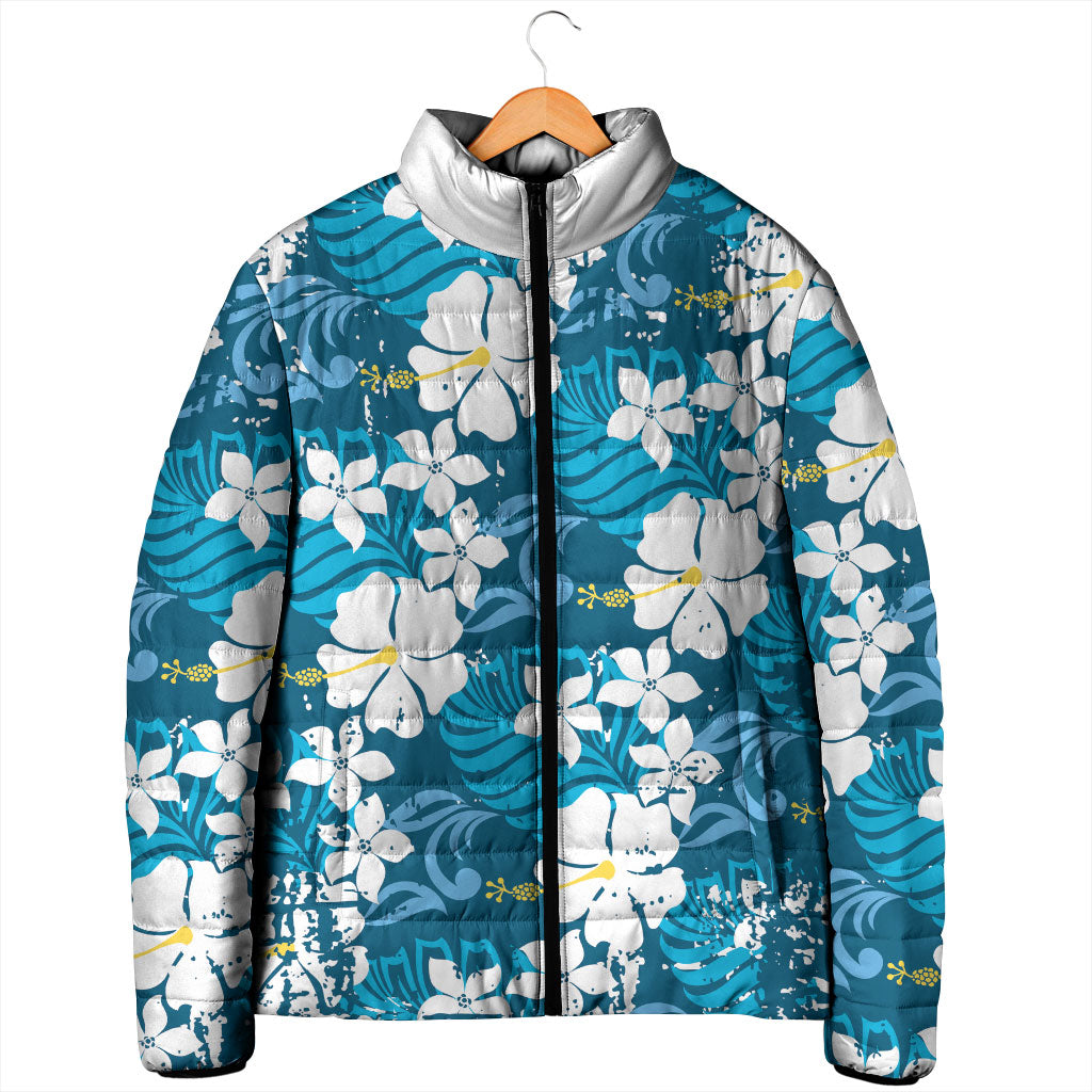 Blue Hawaiian Hibiscus Monstera Padded Jacket Grunge Stylized