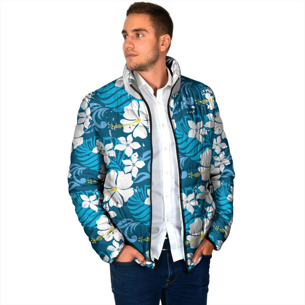 Blue Hawaiian Hibiscus Monstera Padded Jacket Grunge Stylized