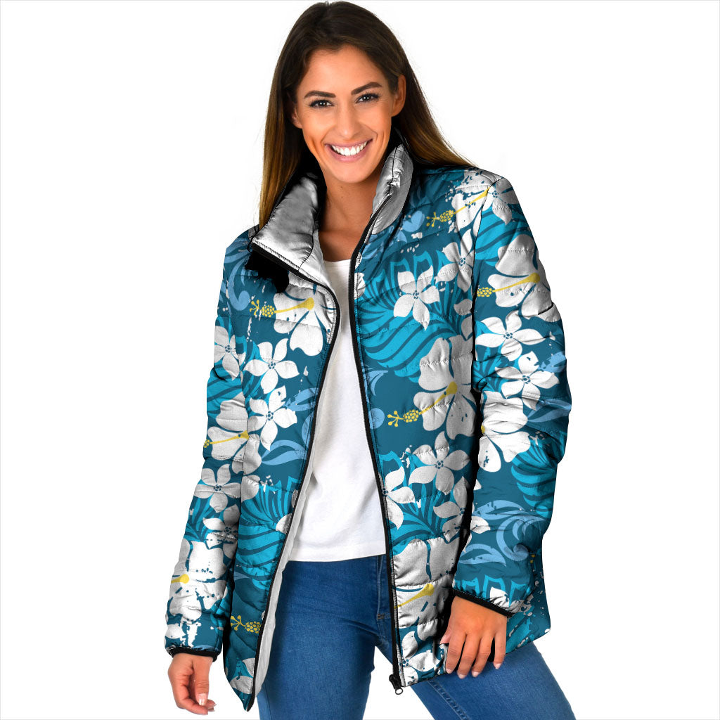 Blue Hawaiian Hibiscus Monstera Padded Jacket Grunge Stylized