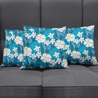 Blue Hawaiian Hibiscus Monstera Pillow Cover Grunge Stylized