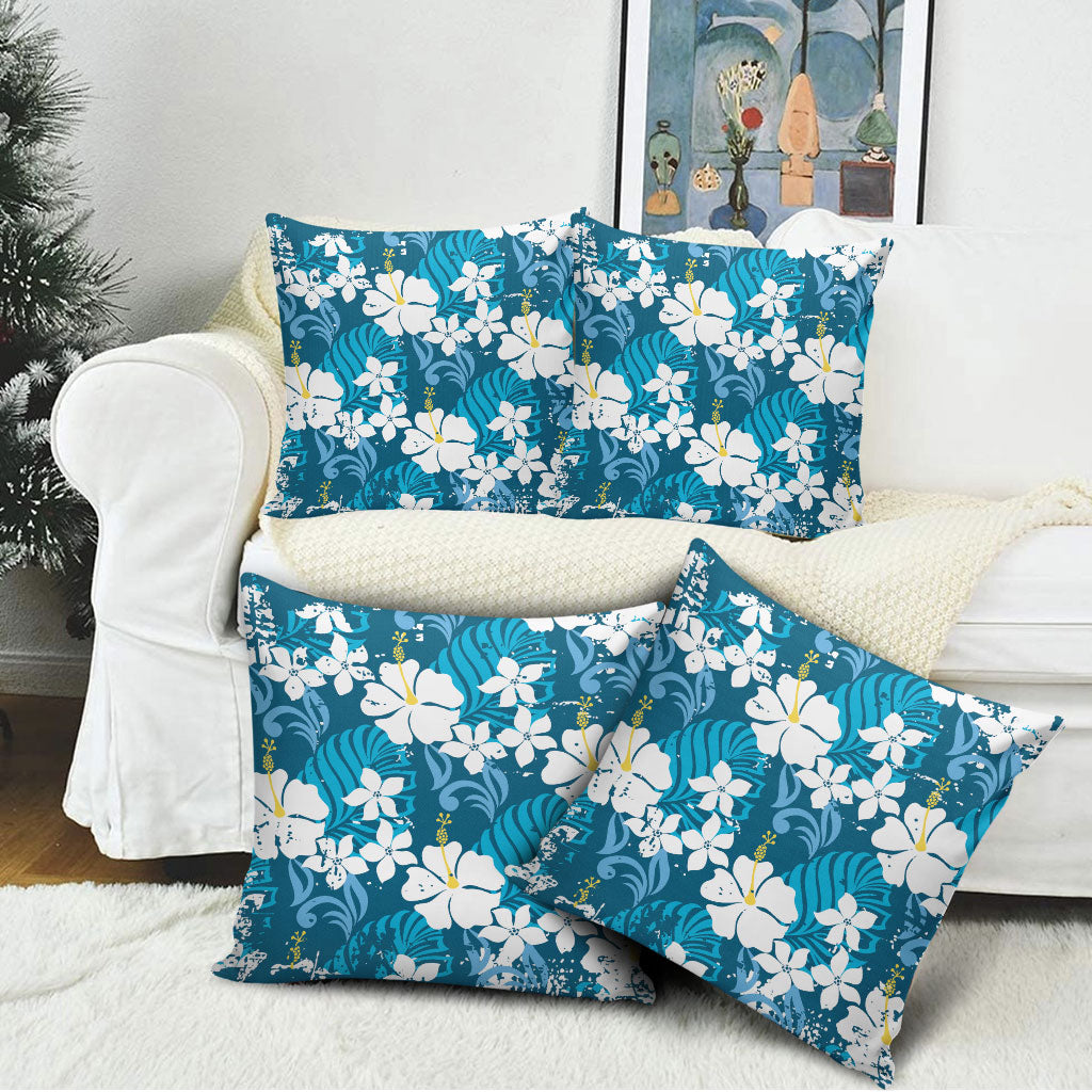 Blue Hawaiian Hibiscus Monstera Pillow Cover Grunge Stylized