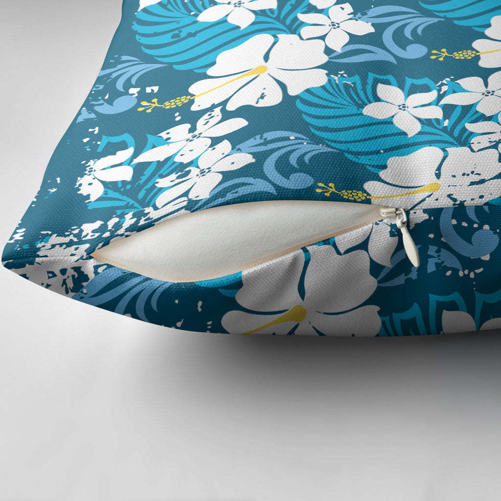 Blue Hawaiian Hibiscus Monstera Pillow Cover Grunge Stylized