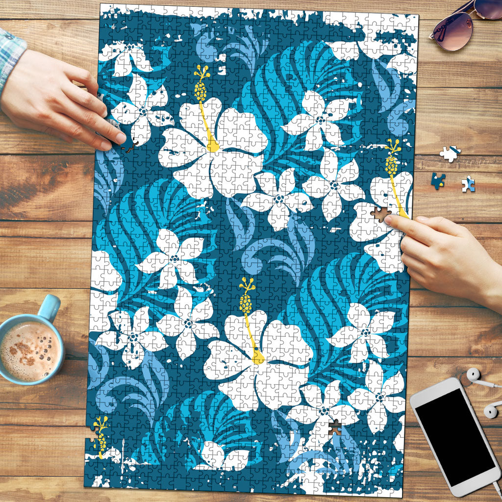 Blue Hawaiian Hibiscus Monstera Puzzle Grunge Stylized