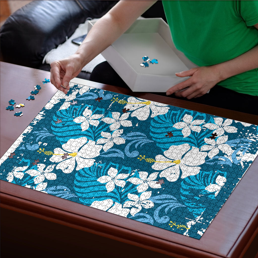 Blue Hawaiian Hibiscus Monstera Puzzle Grunge Stylized LT01 - Polynesian Pride