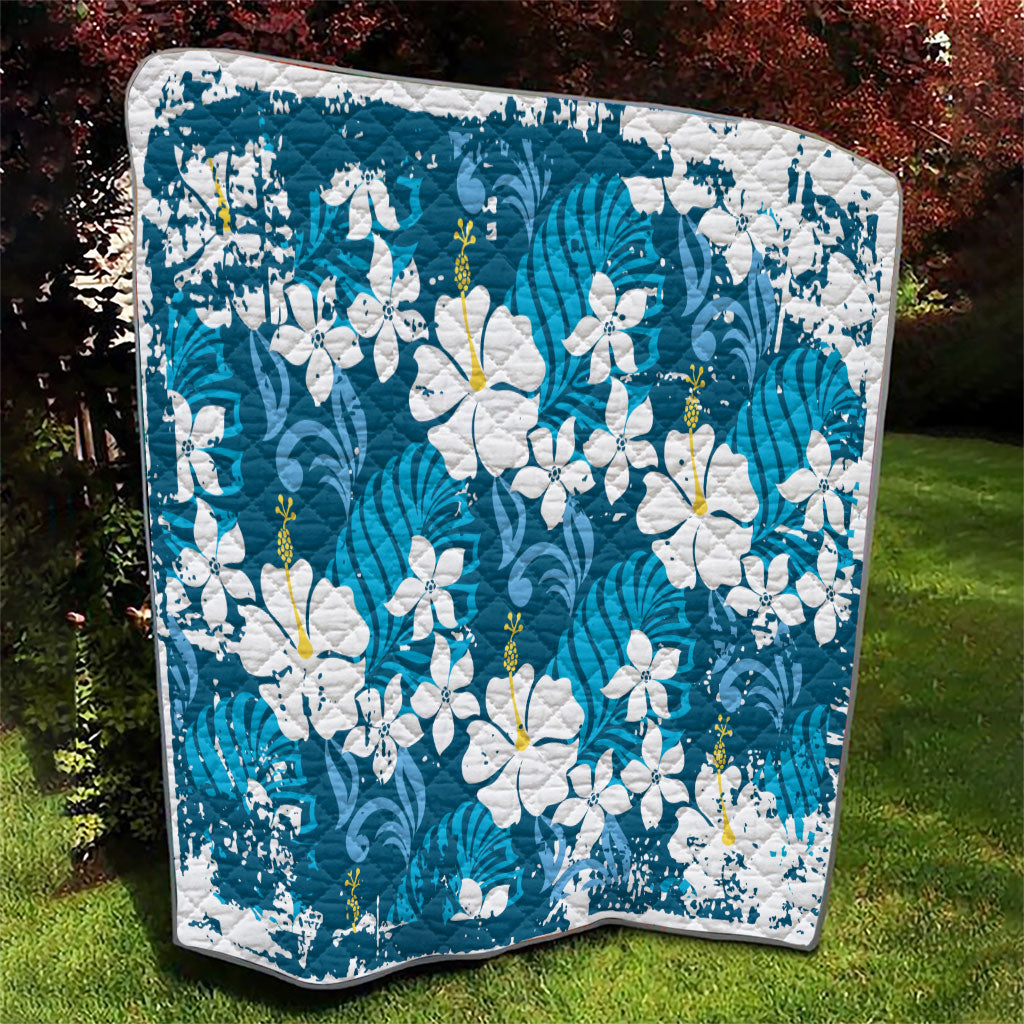 Blue Hawaiian Hibiscus Monstera Quilt Grunge Stylized LT01 - Polynesian Pride