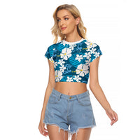 Blue Hawaiian Hibiscus Monstera Raglan Cropped T Shirt Grunge Stylized