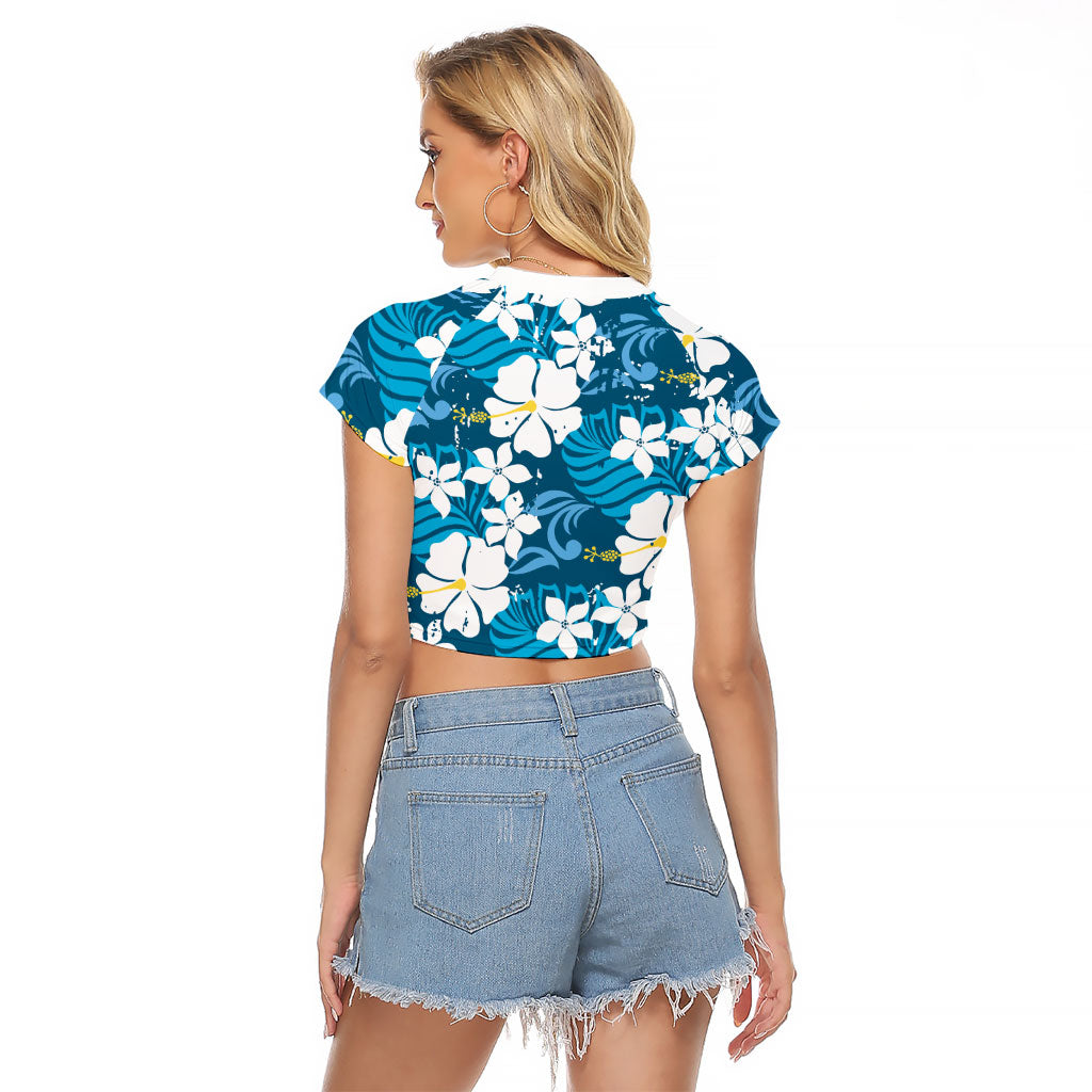 Blue Hawaiian Hibiscus Monstera Raglan Cropped T Shirt Grunge Stylized