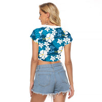 Blue Hawaiian Hibiscus Monstera Raglan Cropped T Shirt Grunge Stylized