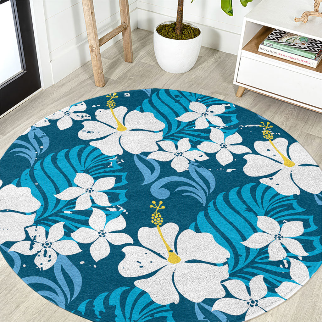 Blue Hawaiian Hibiscus Monstera Round Carpet Grunge Stylized LT01 Blue - Polynesian Pride