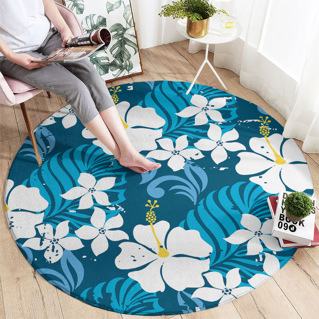 Blue Hawaiian Hibiscus Monstera Round Carpet Grunge Stylized