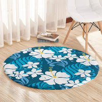 Blue Hawaiian Hibiscus Monstera Round Carpet Grunge Stylized