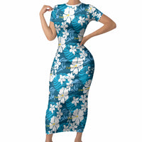 Blue Hawaiian Hibiscus Monstera Short Sleeve Bodycon Dress Grunge Stylized