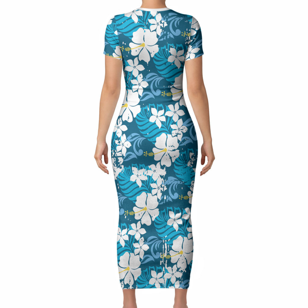 Blue Hawaiian Hibiscus Monstera Short Sleeve Bodycon Dress Grunge Stylized