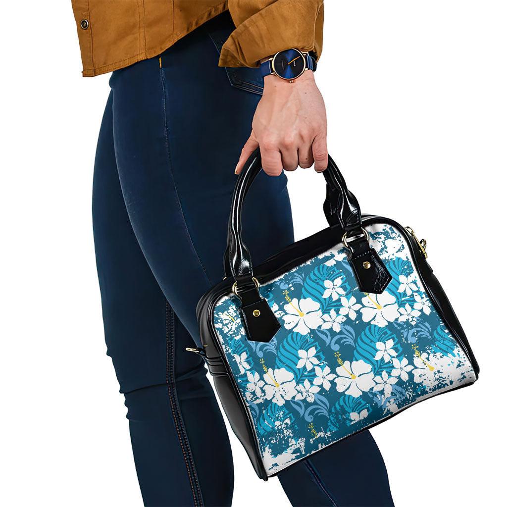 Blue Hawaiian Hibiscus Monstera Shoulder Handbag Grunge Stylized