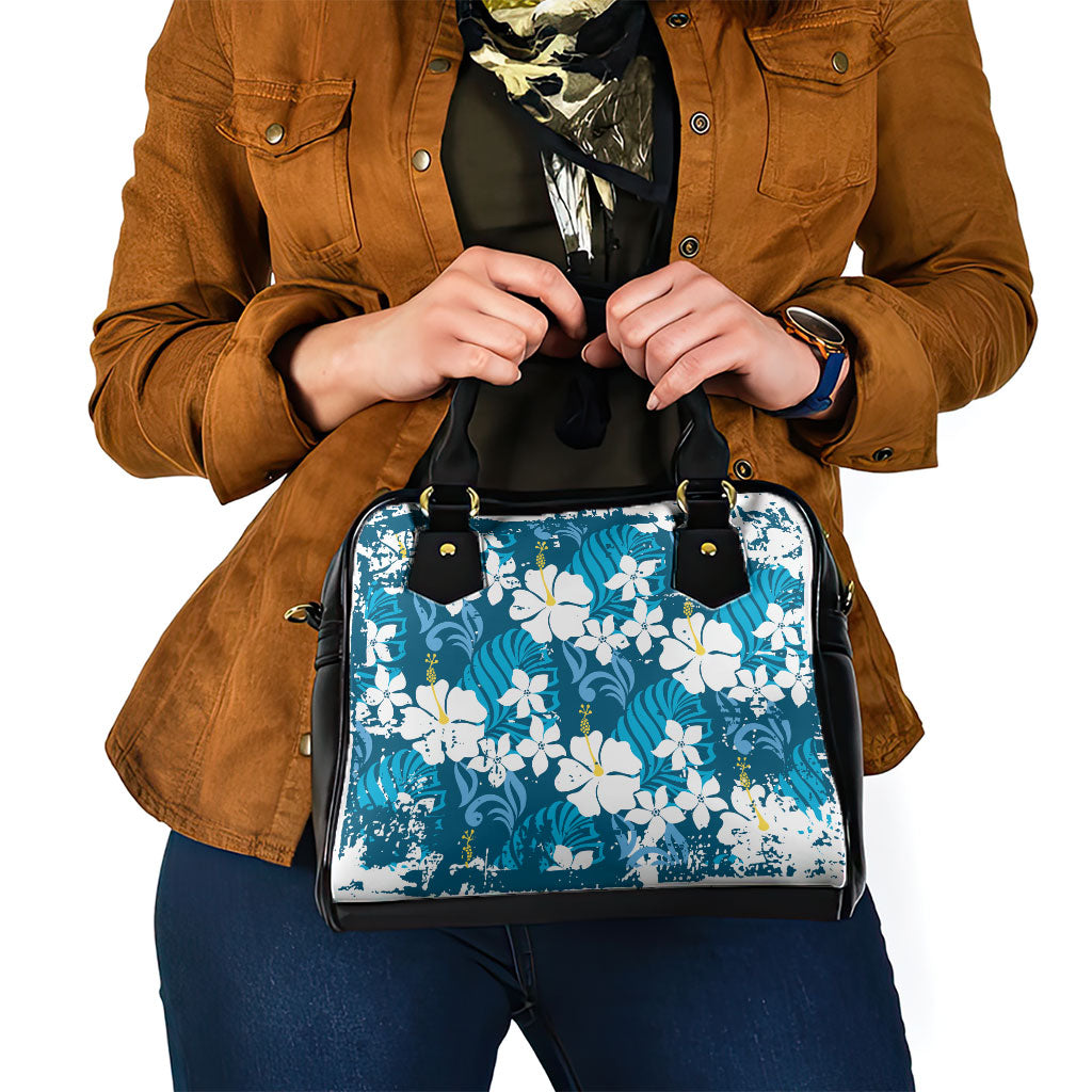 Blue Hawaiian Hibiscus Monstera Shoulder Handbag Grunge Stylized
