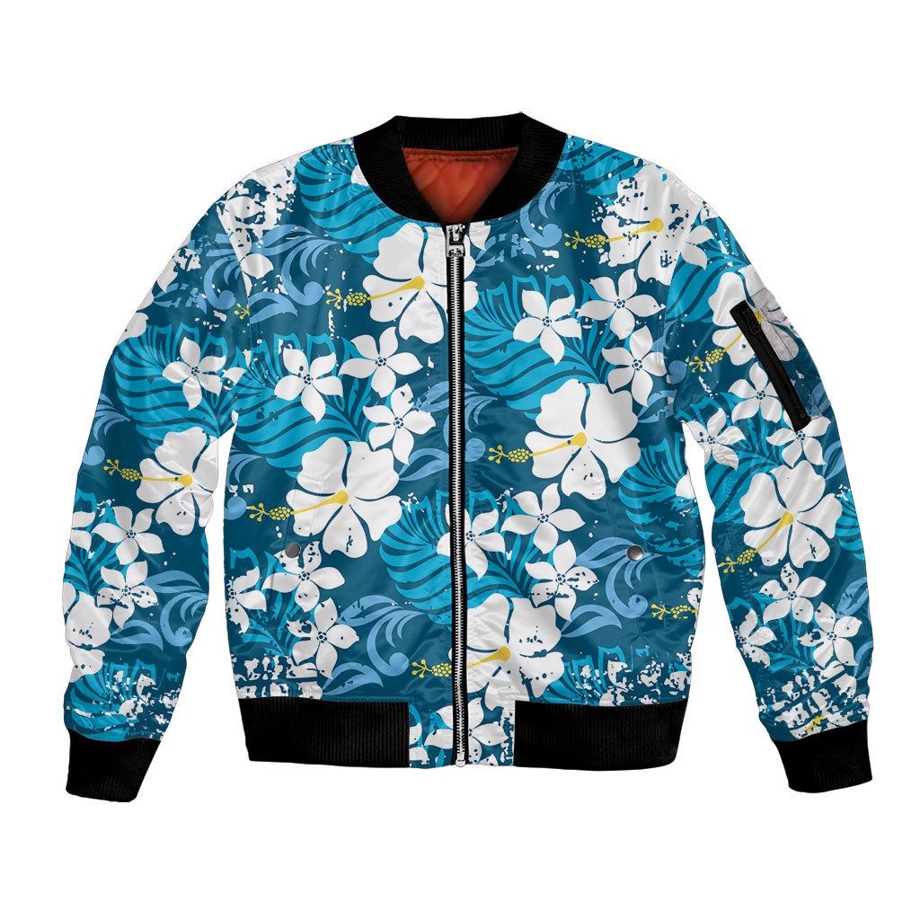 Blue Hawaiian Hibiscus Monstera Sleeve Zip Bomber Jacket Grunge Stylized