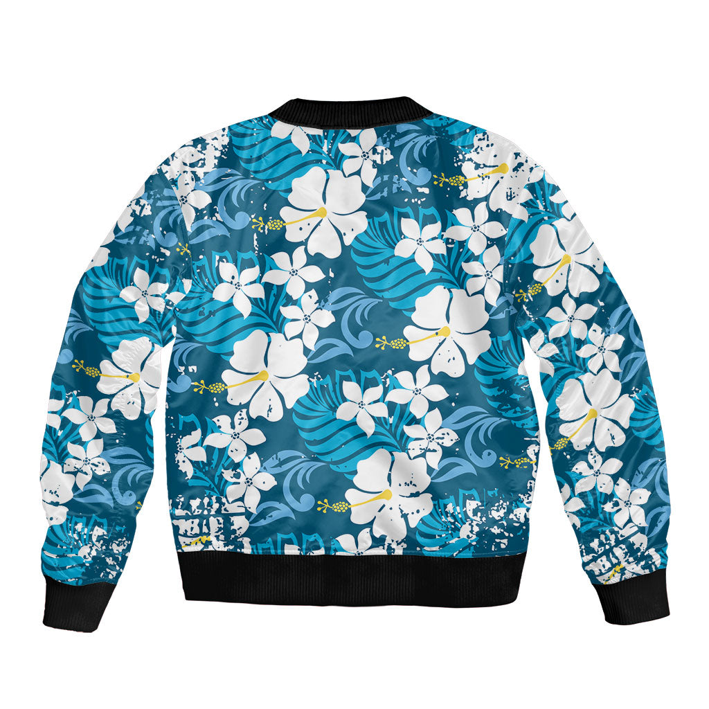 Blue Hawaiian Hibiscus Monstera Sleeve Zip Bomber Jacket Grunge Stylized