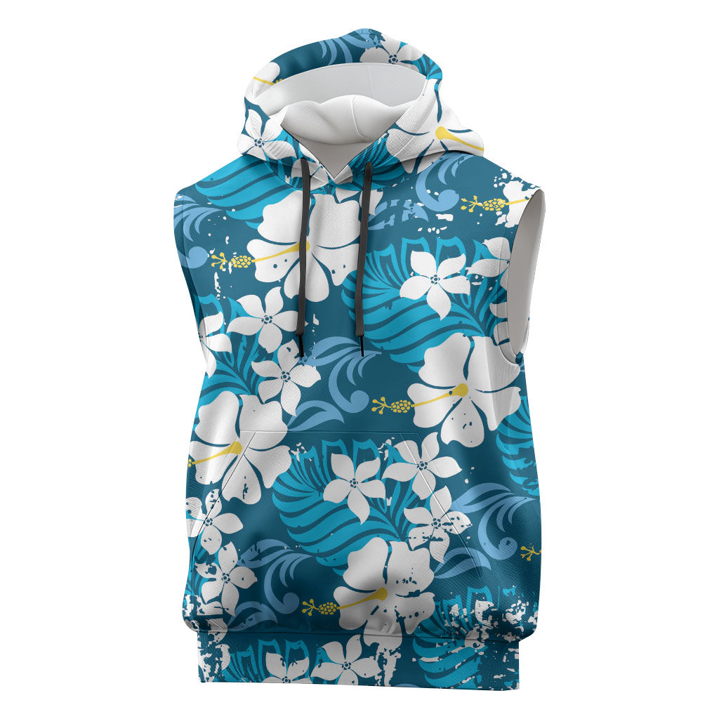 Blue Hawaiian Hibiscus Monstera Sleeveless Hoodie Grunge Stylized